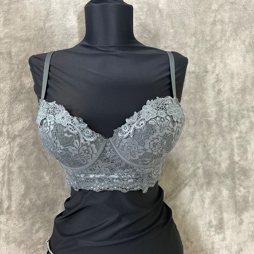 Danskin Intimates Lace Bralette Bra size 34B Gray Fairy Grunge, witchy